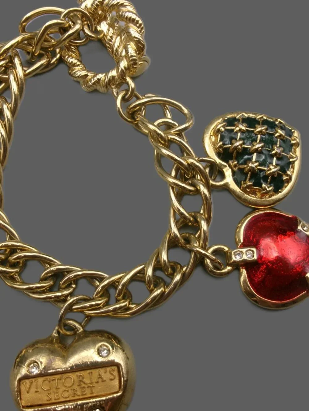 Victoria's Secret Puffy Heart Charm Bracelet, Gold Plated Toggle, Vintage Jewelr